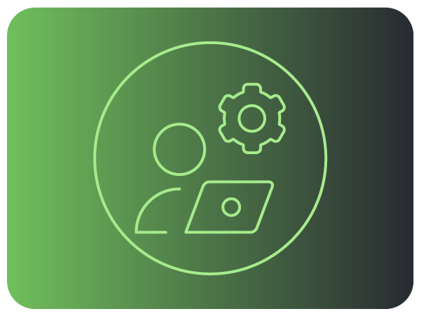 Ícone de pessoa usando laptop com engrenagem, representando suporte técnico