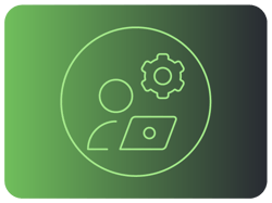 Ícone de pessoa usando laptop com engrenagem, representando suporte técnico Ícone de pessoa usando laptop com engrenagem, representando suporte técnico