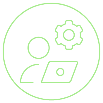 Ícone de pessoa usando laptop com engrenagem, representando suporte técnico Ícone de pessoa usando laptop com engrenagem, representando suporte técnico
