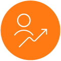 Um ícone minimalista em um círculo laranja, representando crescimento pessoal ou profissional com uma figura humana e uma seta ascendente.