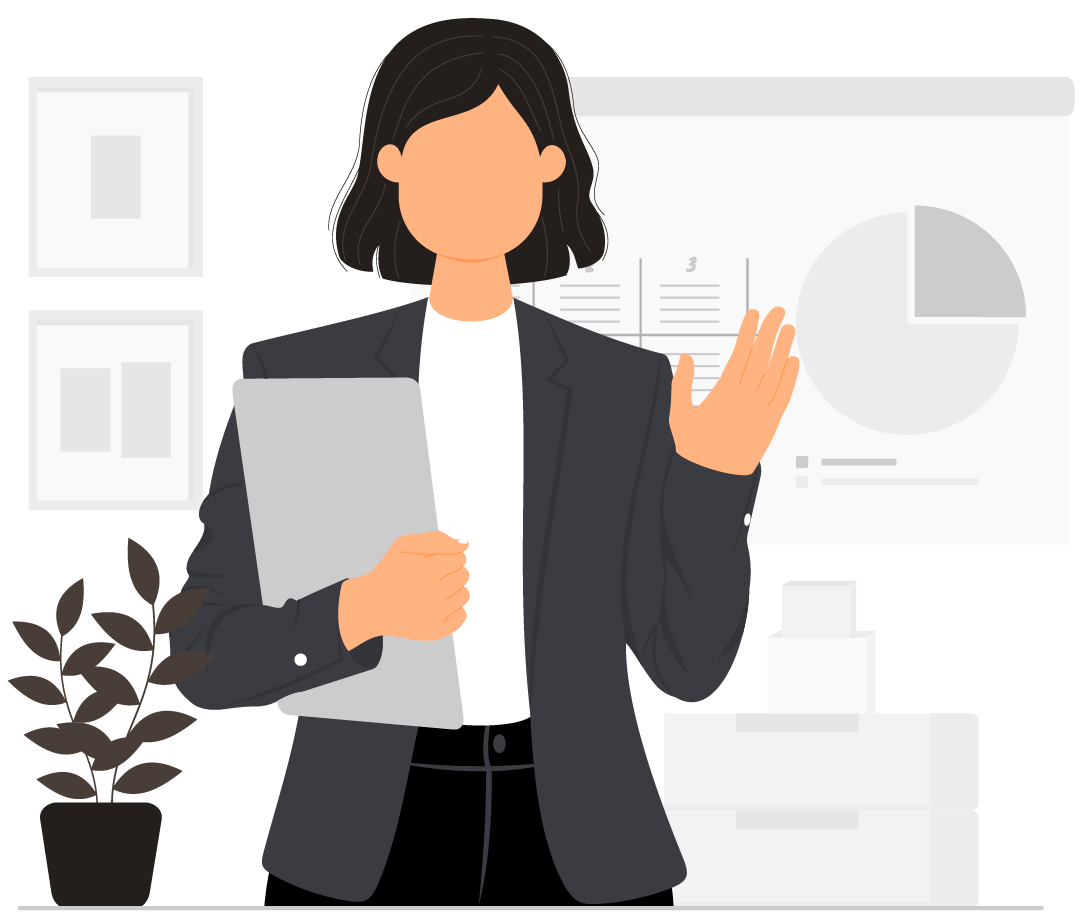 Uma mulher em um terno de negócios faz uma apresentação com gráficos.  Uma mulher em um terno de negócios faz uma apresentação com gráficos.