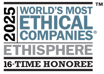 Selo "2025 World's Most Ethical Companies®" do Ethisphere, indicando ser homenageado pela 16ª vez. Texto em preto e azul.
