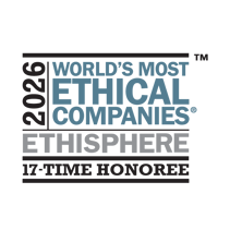 Selo "2026 World's Most Ethical Companies®" do Ethisphere, indicando ser homenageado pela 17ª vez. Texto em preto e azul.