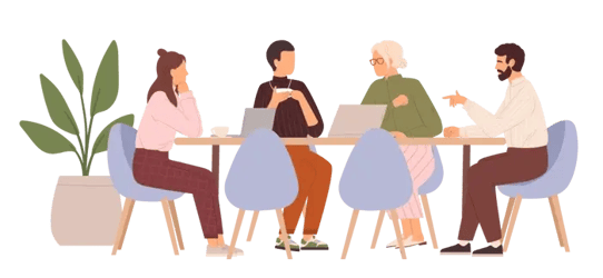 Quatro pessoas sentadas à mesa conversando com notebooks e café. Quatro pessoas sentadas à mesa conversando com notebooks e café.