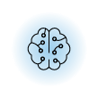 Ícone minimalista de um cérebro estilizado com circuitos, sobre um fundo azul suave, representando inteligência ou inteligência artificial.