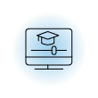 Ícone minimalista de um monitor de computador com um chapéu de formatura na tela, sobre um fundo azul suave, simbolizando educação online ou e-learning.