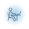 Ícone minimalista de um boneco sentado em uma mesa usando um laptop, com um brilho azul suave ao redor, simbolizando trabalho ou estudo.