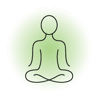 Ícone linear preto de uma figura humana sentada em posição de lótus dentro de um círculo verde claro sobre um fundo cinza