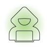 Ícone linear preto de uma figura encapuzada usando um laptop dentro de um círculo verde claro sobre um fundo cinza