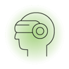 Ícone linear preto de um perfil de cabeça usando um headset de realidade virtual dentro de um círculo verde claro sobre um fundo cinza