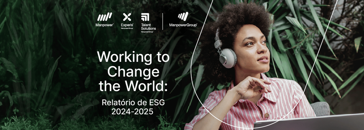Mulher usando fones de ouvido e notebook, com texto: "Working to Change the World: Relatório de ESG 2024-2025".