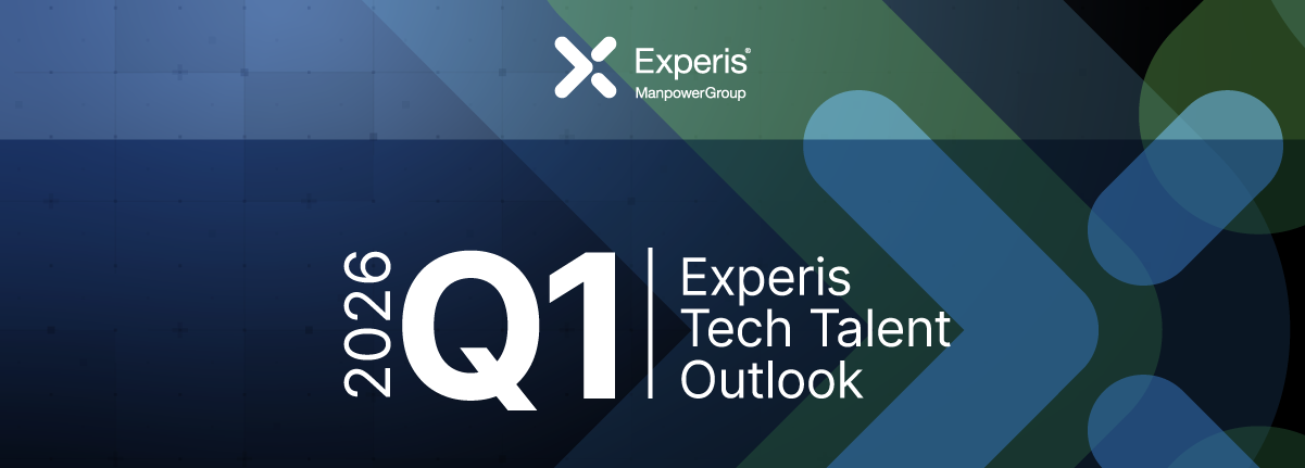 Banner institucional da Experis ManpowerGroup com o título ‘2026 Q1 – Experis Tech Talent Outlook’, em fundo escuro com formas geométricas e setas abstratas em tons de azul e verde.
