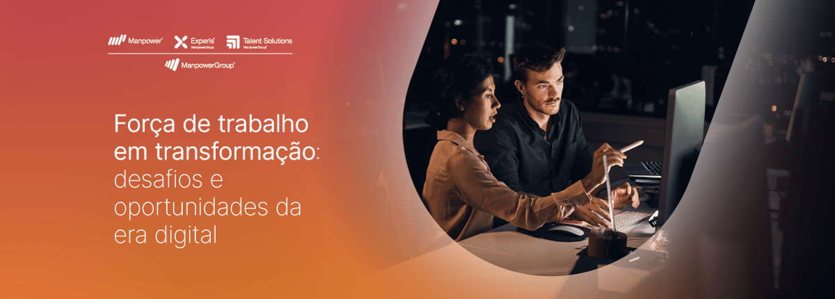 Dois profissionais trabalham juntos à noite em frente a um computador, ilustrando a transformação da força de trabalho na era digital. Dois profissionais trabalham juntos à noite em frente a um computador, ilustrando a transformação da força de trabalho na era digital.