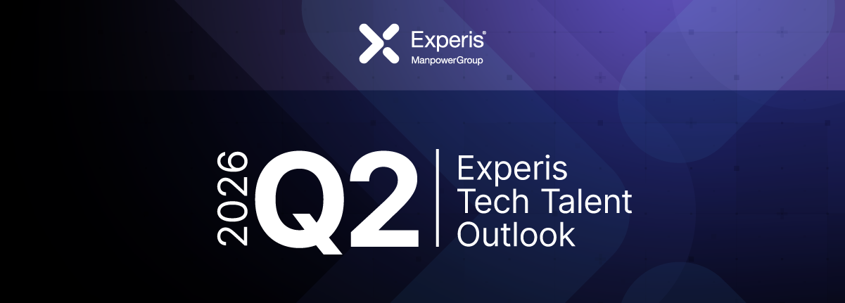 Banner institucional da Experis ManpowerGroup com o título ‘2026 Q2 – Experis Tech Talent Outlook’, em fundo escuro com formas geométricas e setas abstratas em tons de lilás e azul.