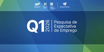Fundo azul e verde com formas abstratas. Texto: Q1 2026 Pesquisa de Expectativa de Emprego. Logos ManpowerGroup.
