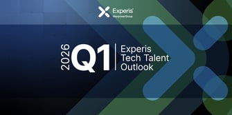 Fundo geométrico azul e verde. Texto: 2026 Q1 Experis Tech Talent Outlook. Logo Experis ManpowerGroup.