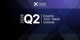 Fundo geométrico azul e lilás. Texto: 2026 Q2 Experis Tech Talent Outlook. Logo Experis ManpowerGroup.