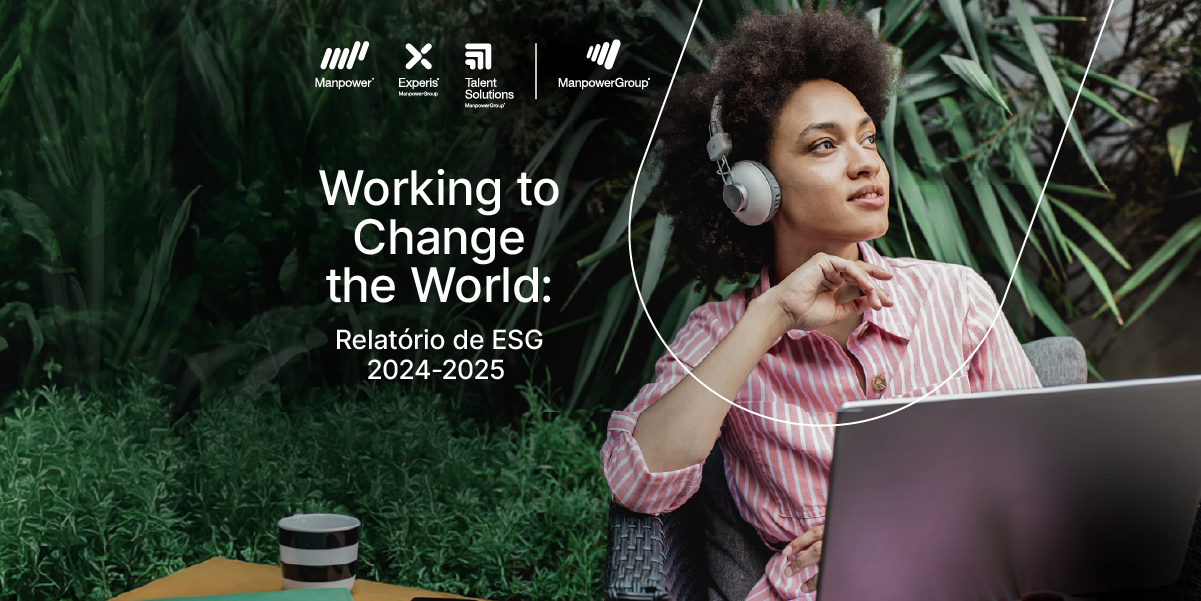 Mulher usando fones de ouvido e notebook, com texto: "Working to Change the World: Relatório de ESG 2024-2025".