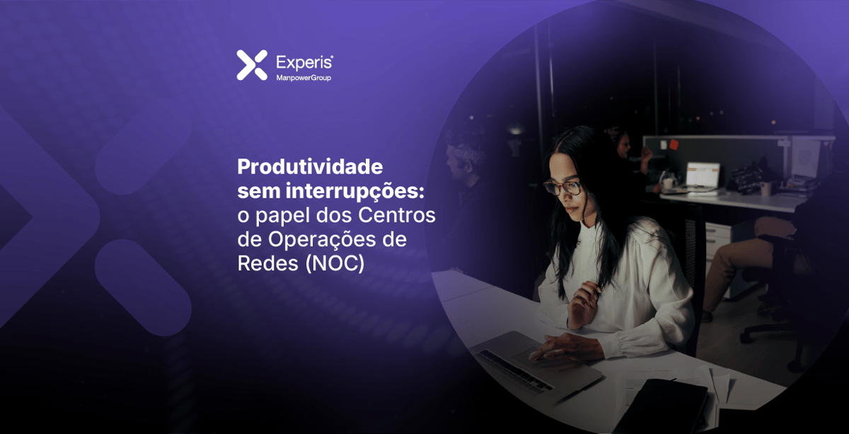 Mulher trabalhando em escritório à noite, com texto: "Produtividade sem interrupções: o papel dos Centros de Operações de Redes (NOC)".