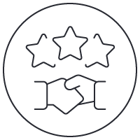 Ícone circular com três estrelas acima de um aperto de mãos estilizado. Ícone circular com três estrelas acima de um aperto de mãos estilizado.
