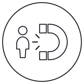 Ícone de um ímã atraindo a silhueta de uma pessoa dentro de um círculo. Ícone de um ímã atraindo a silhueta de uma pessoa dentro de um círculo.