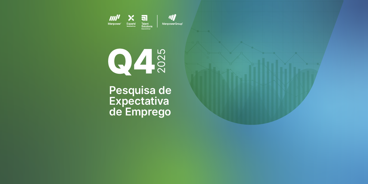 Banner da Pesquisa de Expectativa de Emprego Q4 2025 do ManpowerGroup, com fundo em degradê verde e azul e gráficos ao fundo.