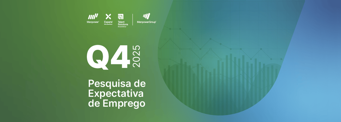 Banner da Pesquisa de Expectativa de Emprego Q4 2025 do ManpowerGroup, com fundo em degradê verde e azul e gráficos ao fundo. Banner da Pesquisa de Expectativa de Emprego Q4 2025 do ManpowerGroup, com fundo em degradê verde e azul e gráficos ao fundo.