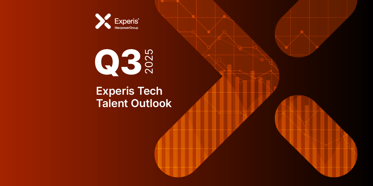 Banner para "Experis Tech Talent Outlook Q3 2025" da ManpowerGroup, com gráficos e setas em tons de laranja.