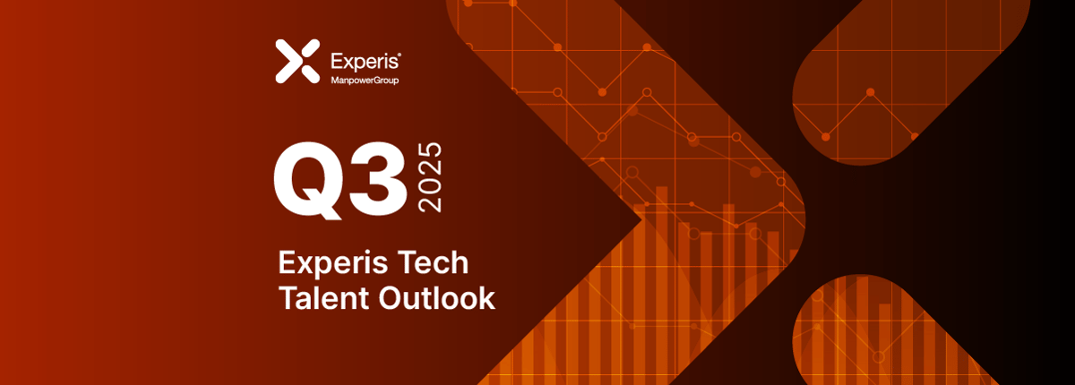 Banner para "Experis Tech Talent Outlook Q3 2025" da ManpowerGroup, com gráficos e setas em tons de laranja.