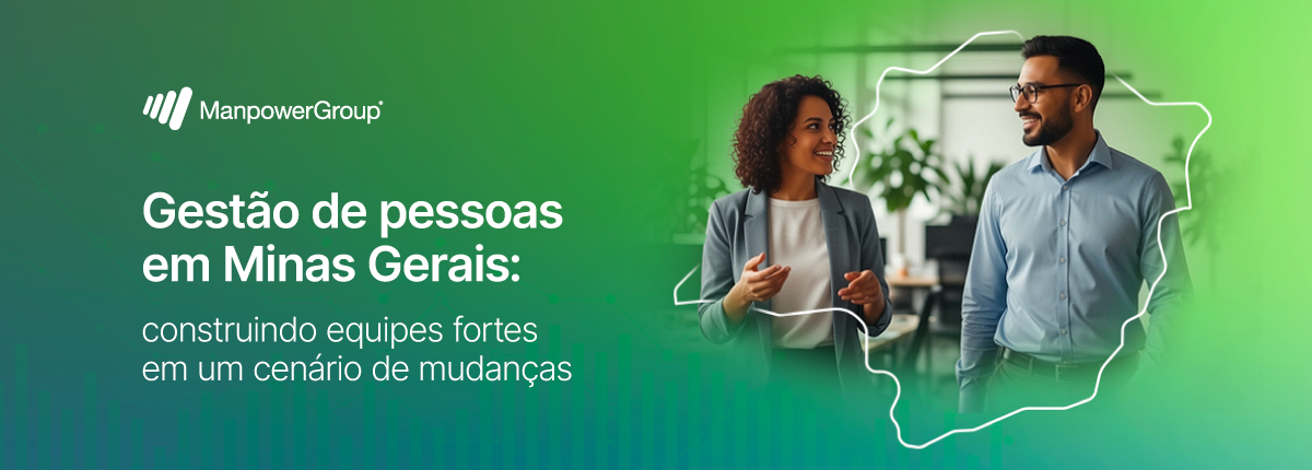 Dois profissionais conversam sorridentes em escritório, com mapa de Minas Gerais em destaque e logotipo da ManpowerGroup. Dois profissionais conversam sorridentes em escritório, com mapa de Minas Gerais em destaque e logotipo da ManpowerGroup.