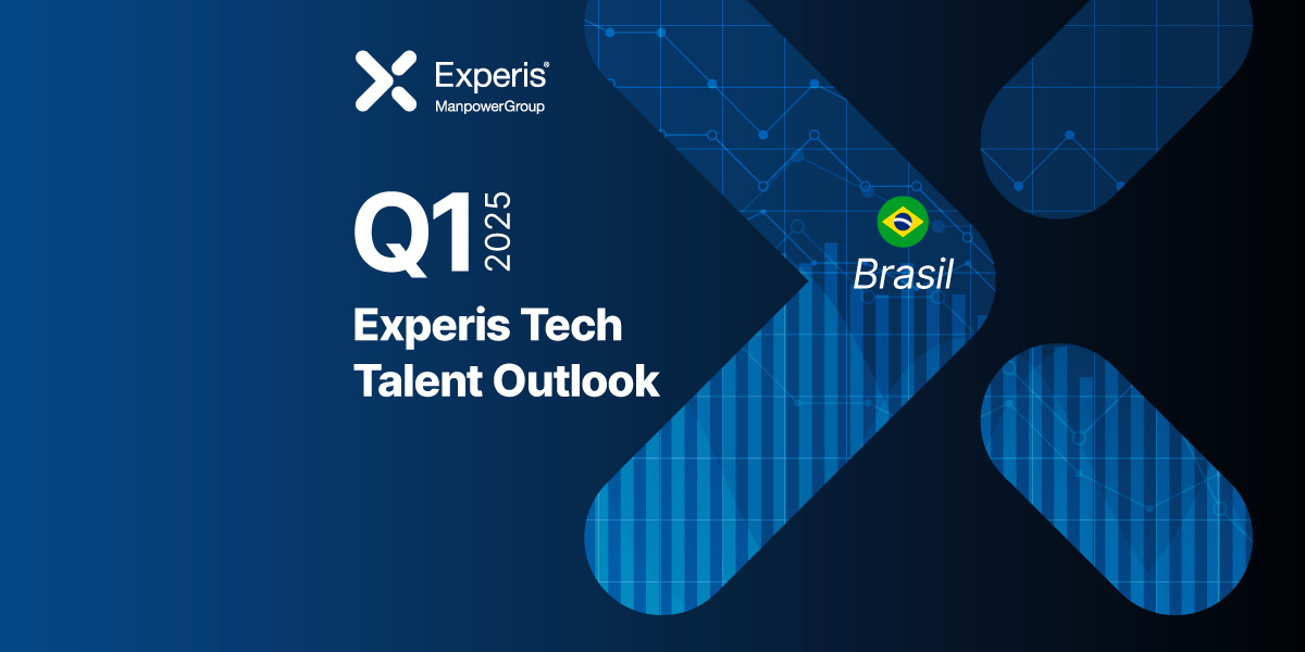 Banner digital com fundo azul escuro em tons gradientes, apresentando o relatório 'Experis Tech Talent Outlook' referente ao primeiro trimestre de 2025 (Q1 2025). O logotipo da Experis (parte do grupo ManpowerGroup) está localizado no canto superior esquerdo. À direita, há elementos gráficos com linhas e pontos conectados, remetendo a dados e tecnologia. O destaque 'Brasil' é evidenciado pela presença de uma bandeira brasileira ao lado do texto, indicando que o relatório é direcionado para o mercado brasileiro.
