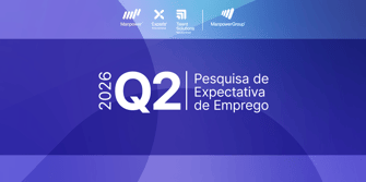 Fundo azul e lilás com formas abstratas. Texto: Q2 2026 Pesquisa de Expectativa de Emprego. Logos ManpowerGroup.