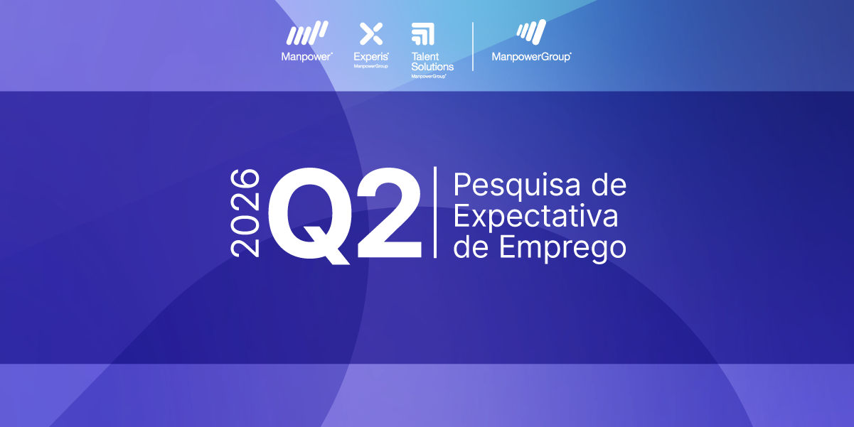 Banner Q2 2026 da Pesquisa de Expectativa de Emprego do ManpowerGroup, com logos e fundo em tons de azul e lilás.