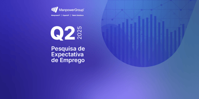 Banner promocional com gradiente de azul e lilás, exibindo o logotipo da ManpowerGroup no topo e os textos: 'Q2 2025 Pesquisa de Expectativa de Emprego' em destaque. À direita, um gráfico de barras e linhas sobre um fundo transparente.