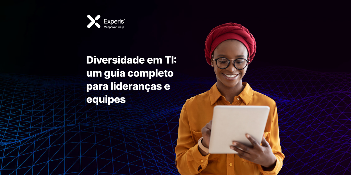 Mulher negra sorrindo ao usar seu tablet, em primeiro plano. À esquerda o título do artigo em fundo escuro.