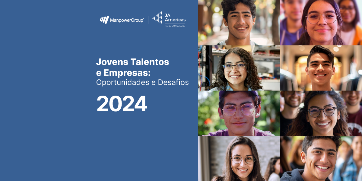 Fotografias de Jovens Latinos em fundo azul marinho com o título: Jovens Talentos e Empresas: Oportunidades e Desafios