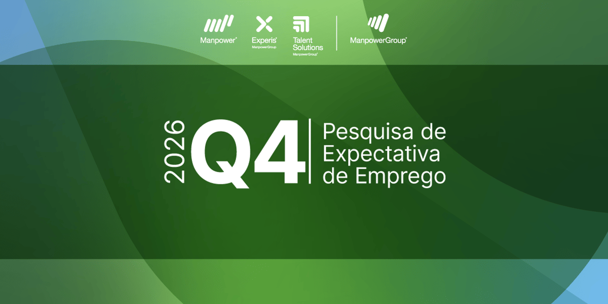 Banner Q4 2026 da Pesquisa de Expectativa de Emprego do ManpowerGroup, com logos e fundo em tons verdes. Banner Q4 2026 da Pesquisa de Expectativa de Emprego do ManpowerGroup, com logos e fundo em tons verdes.
