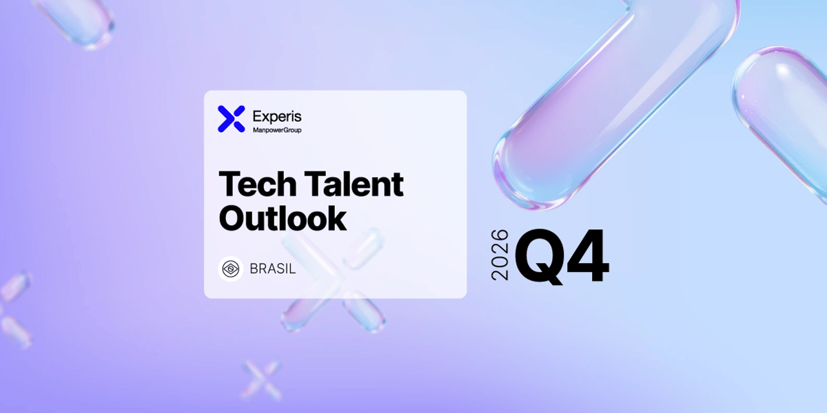 Banner institucional da Experis ManpowerGroup com o título ‘Experis Tech Talent Outlook - 2026 Q4 ’, em fundo escuro com formas geométricas e setas abstratas em tons de lilás e azul.