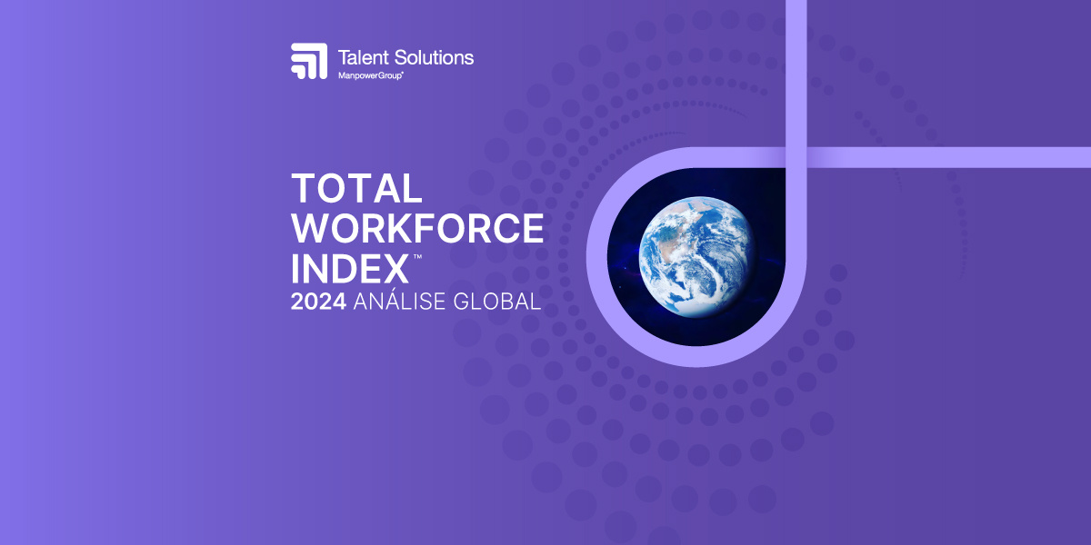 Fotografia da terra recortada em círculo sobre fundo lilás, com o título "Total Workforce Index 2024 - Análise Global"