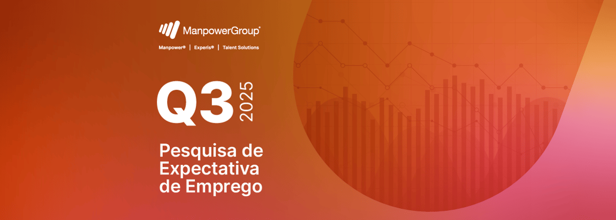 Um gráfico laranja com o logo ManpowerGroup, "Q3 2025" e "Pesquisa de Expectativa de Emprego" em branco. Um gráfico laranja com o logo ManpowerGroup, "Q3 2025" e "Pesquisa de Expectativa de Emprego" em branco.