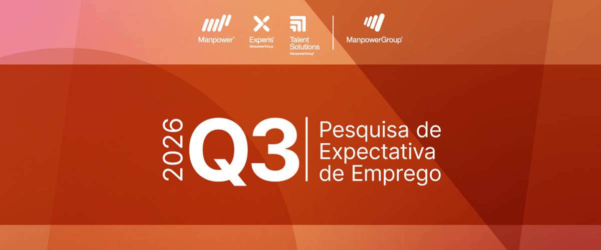 Banner Q3 2026 da Pesquisa de Expectativa de Emprego do ManpowerGroup, com logos e fundo em tons laranja Banner Q3 2026 da Pesquisa de Expectativa de Emprego do ManpowerGroup, com logos e fundo em tons laranja