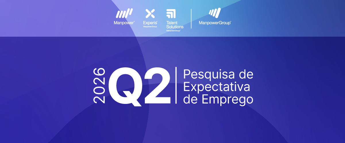 Banner Q2 2026 da Pesquisa de Expectativa de Emprego do ManpowerGroup, com logos e fundo em tons de azul e lilás.