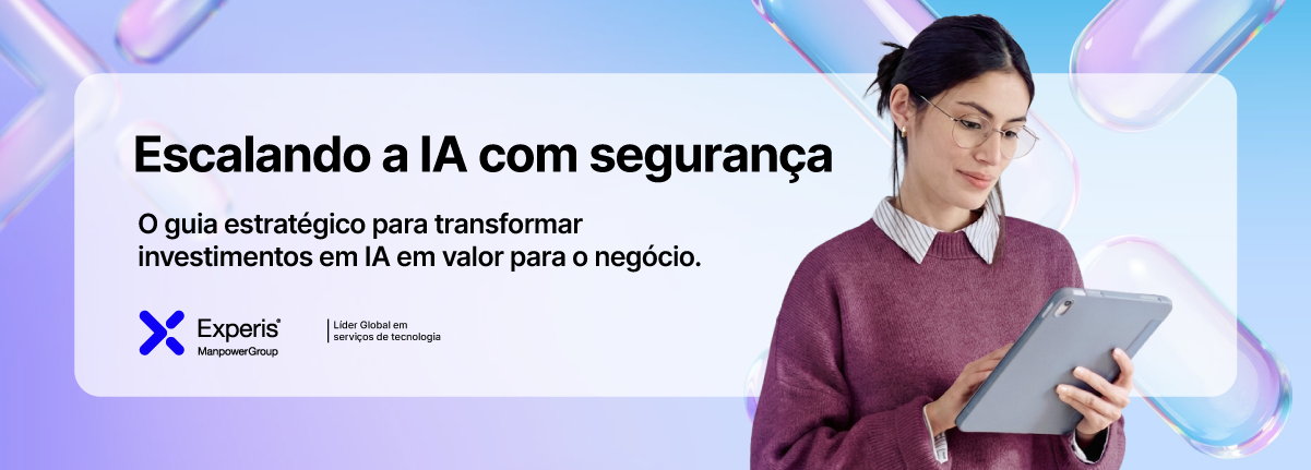 Banner sobre escalabilidade segura de IA, com guia estratégico e pessoa usando tablet ao lado do conteúdo. Banner sobre escalabilidade segura de IA, com guia estratégico e pessoa usando tablet ao lado do conteúdo.