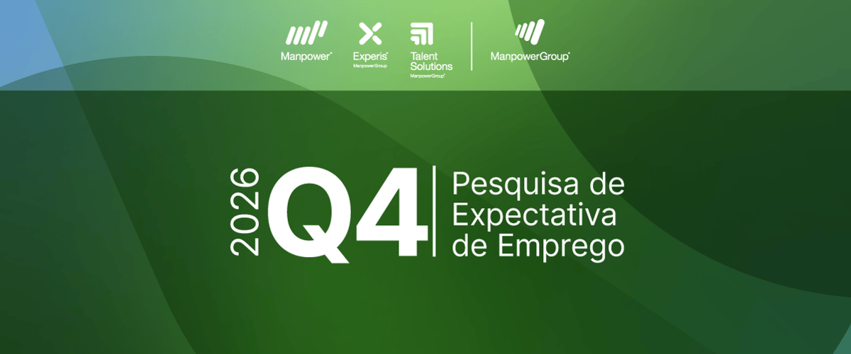 Banner Q4 2026 da Pesquisa de Expectativa de Emprego do ManpowerGroup, com logos e fundo em tons verdes. Banner Q4 2026 da Pesquisa de Expectativa de Emprego do ManpowerGroup, com logos e fundo em tons verdes.