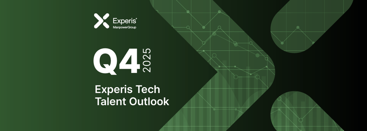 Capa do relatório Experis Tech Talent Outlook Q4 2025, em fundo verde com elementos gráficos de tecnologia e o logotipo da Experis ManpowerGroup.