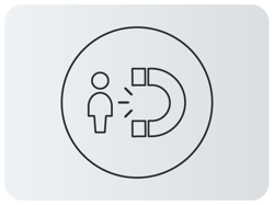 Ícone de um ímã atraindo a silhueta de uma pessoa dentro de um círculo. Ícone de um ímã atraindo a silhueta de uma pessoa dentro de um círculo.