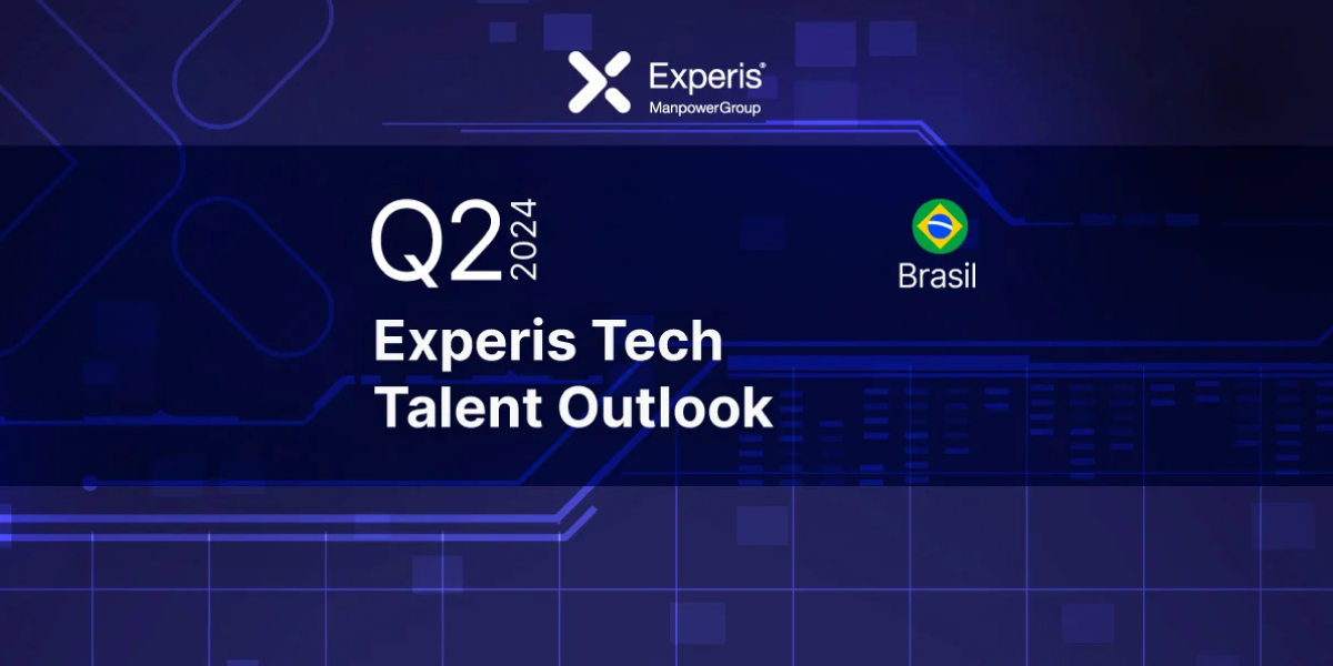 Banner para "Experis Tech Talent Outlook Q2 2024" da ManpowerGroup, com gráficos e setas em tons lilás.
