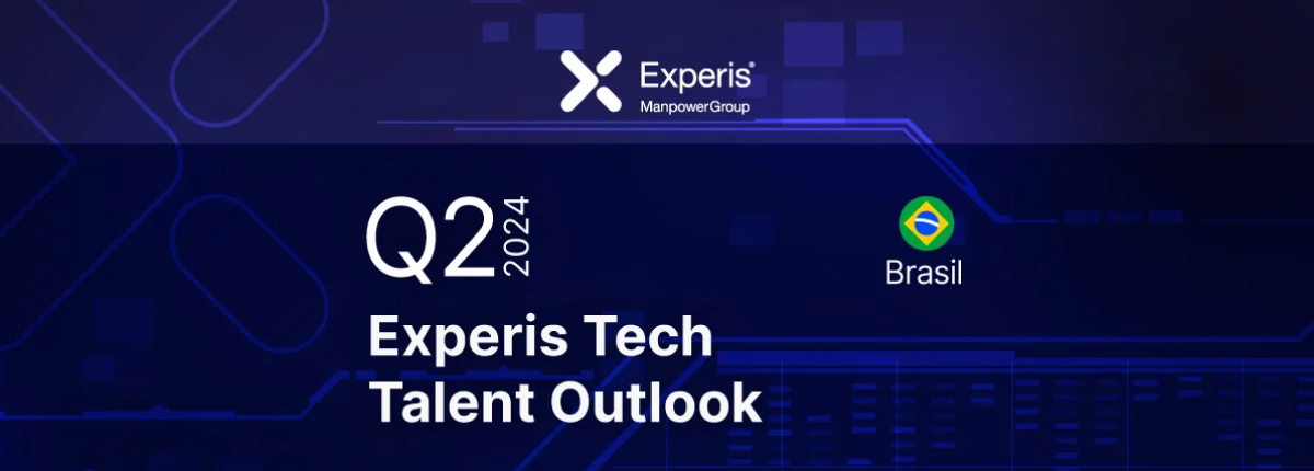 Banner para "Experis Tech Talent Outlook Q2 2024" da ManpowerGroup, com gráficos e setas em tons lilás.