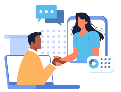 Ilustração de duas pessoas se cumprimentando virtualmente, com elementos de comunicação digital. Ilustração de duas pessoas se cumprimentando virtualmente, com elementos de comunicação digital.