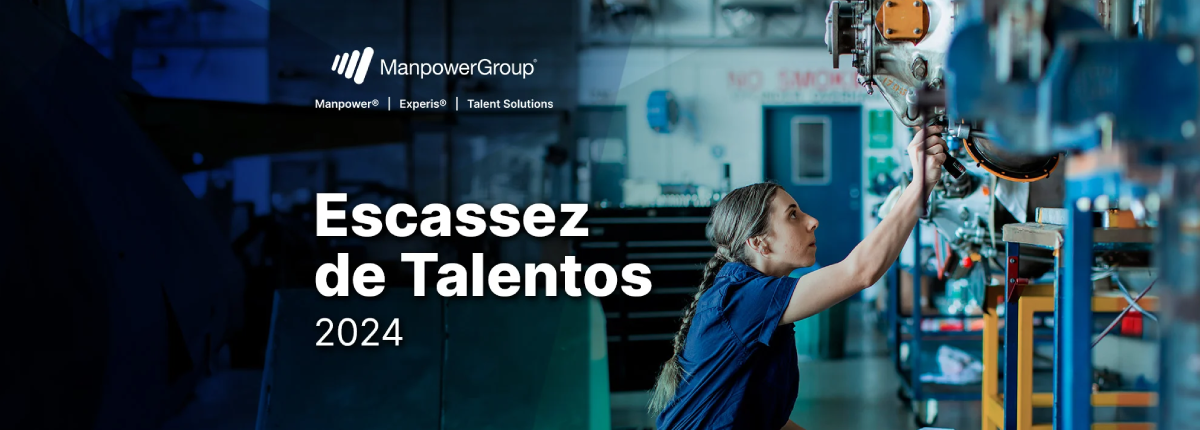 Mulher concentrada ajusta máquina em ambiente industrial. Logo ManpowerGroup e texto "Escassez de Talentos 2024". Mulher concentrada ajusta máquina em ambiente industrial. Logo ManpowerGroup e texto "Escassez de Talentos 2024".
